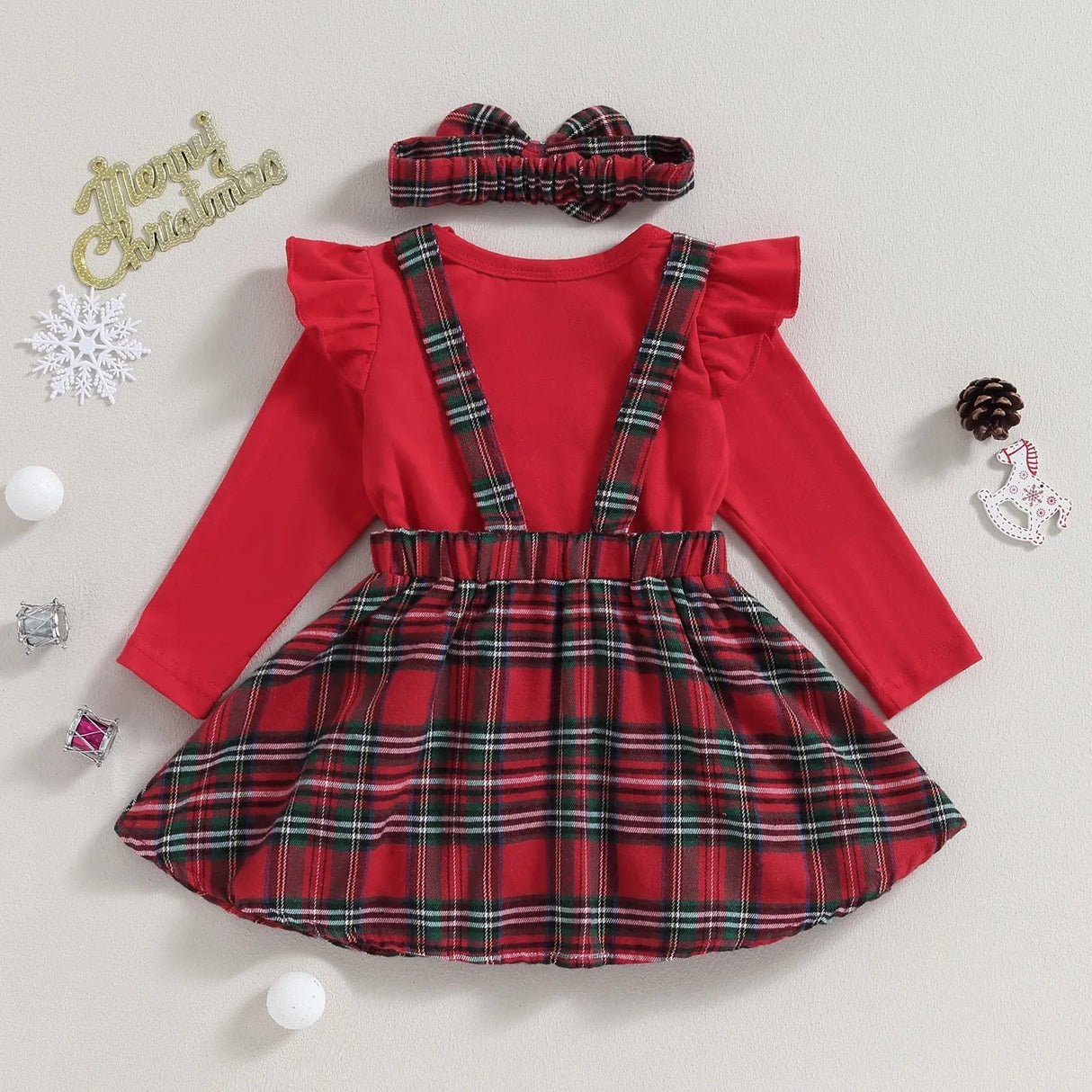 0-18M Xmas Set: Knit Red Romper, Plaid Skirt & Headband image 2