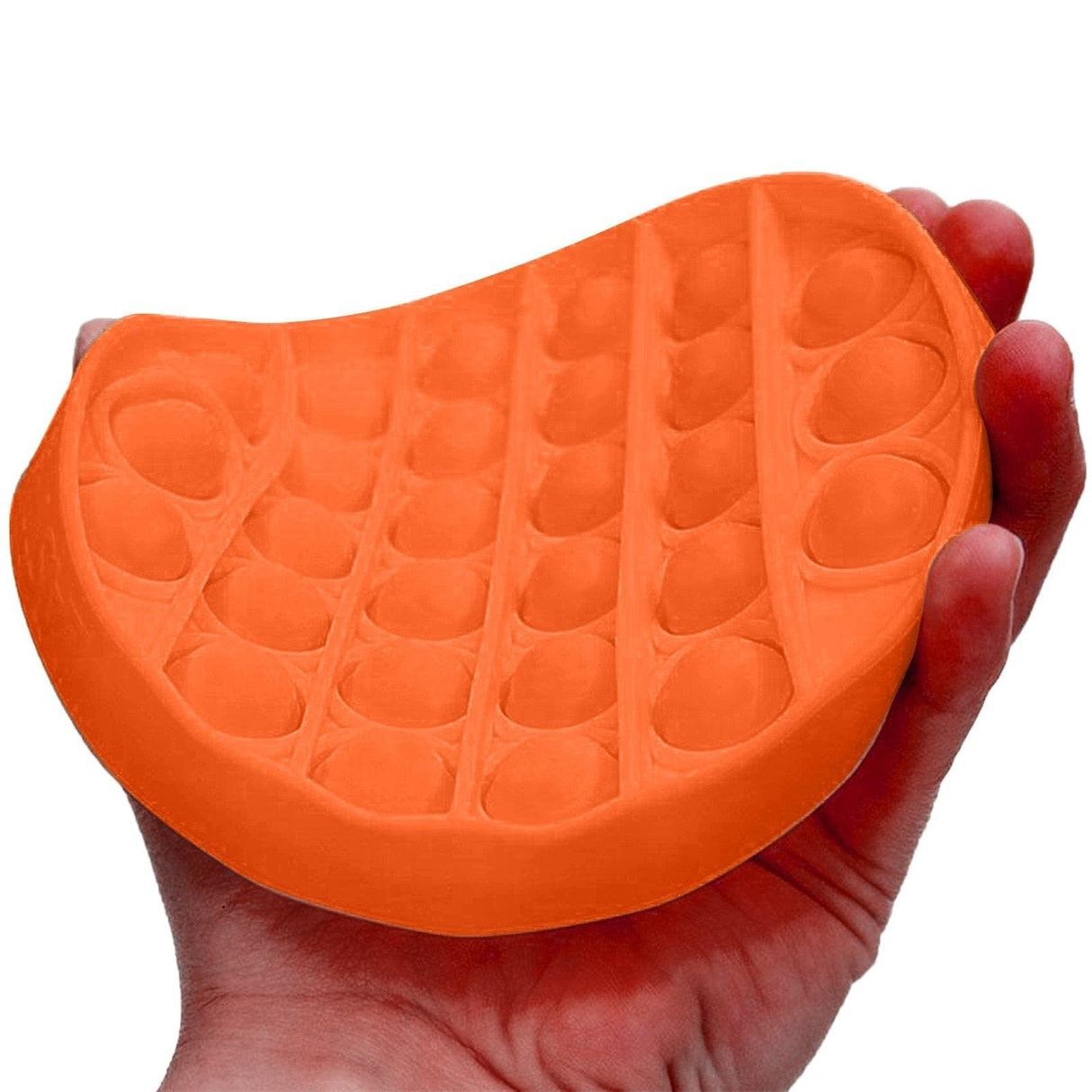 Orange pop-it fidget toy held in a hand on a white background