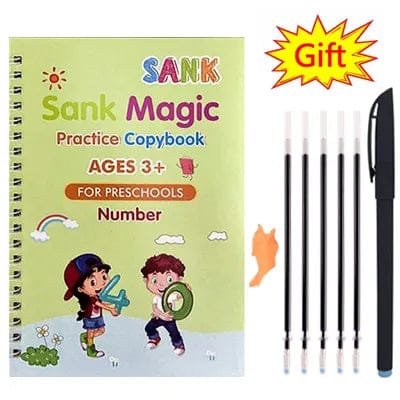 Sank Magic Practice Copybook for preschoolers with pens and a gift star on a white background