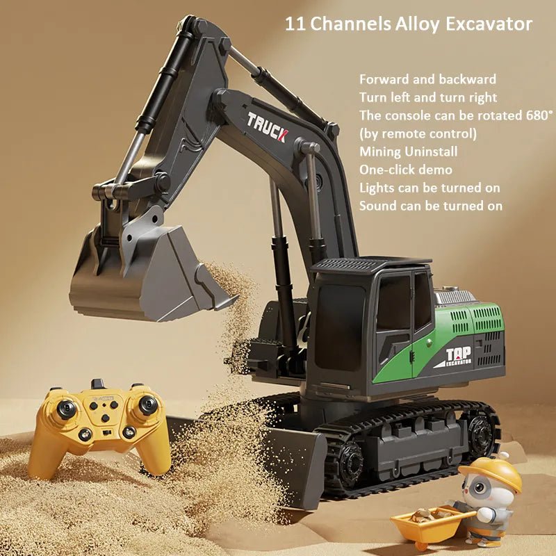 Alloy RC Excavator Toy with Lights & Sound, Kids Engineering Gift - 11 Channels black image