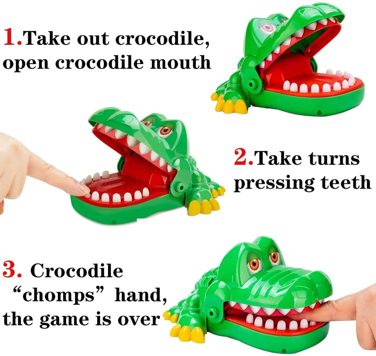 Green crocodile toy with open mouth, showing how to play the game.