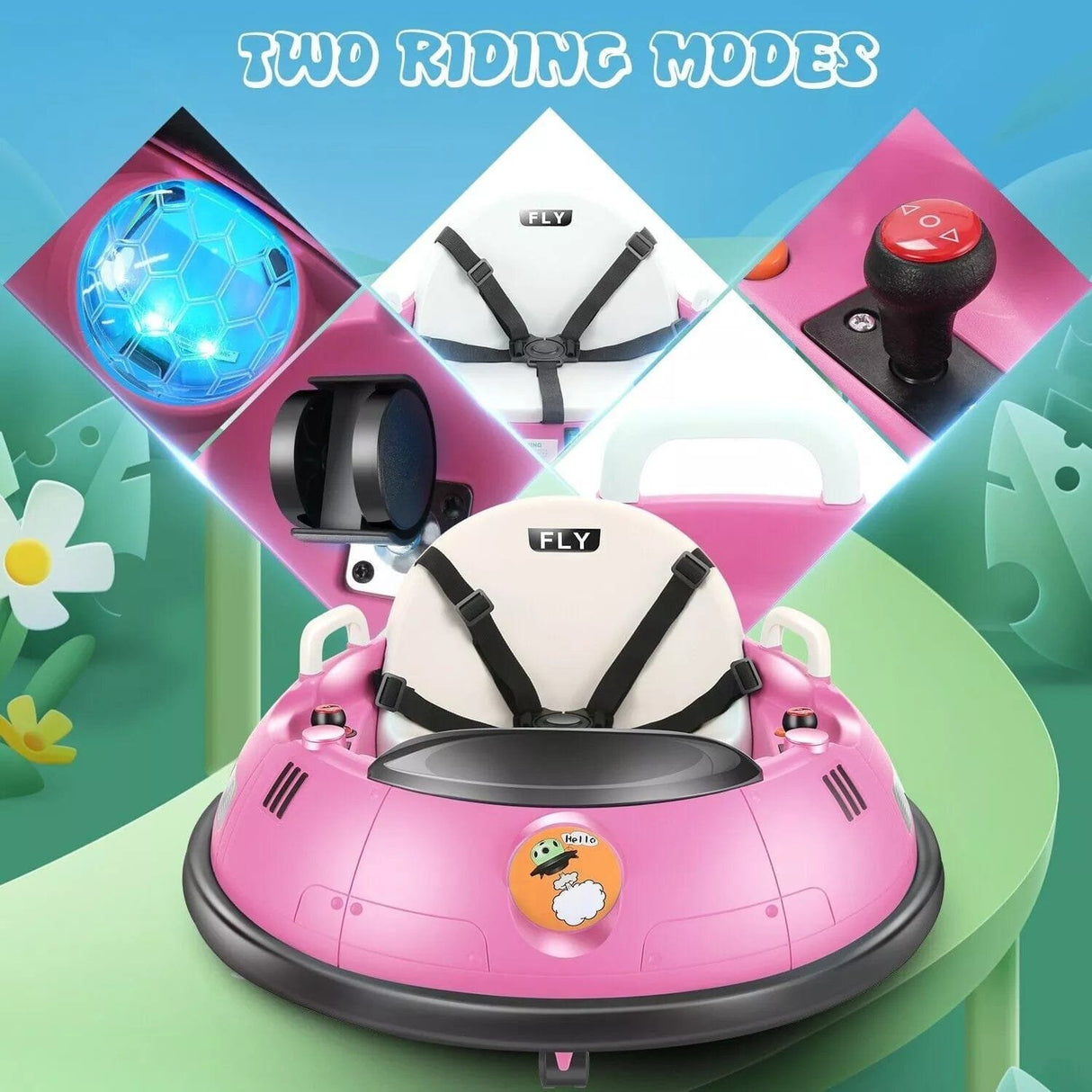 Pink children's bumper car with various modes on a colorful background