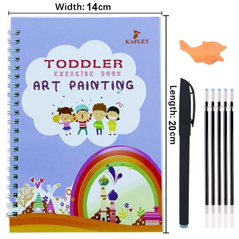 KAFLEY toddler exercise book with art painting theme, pen, and eraser on a white background