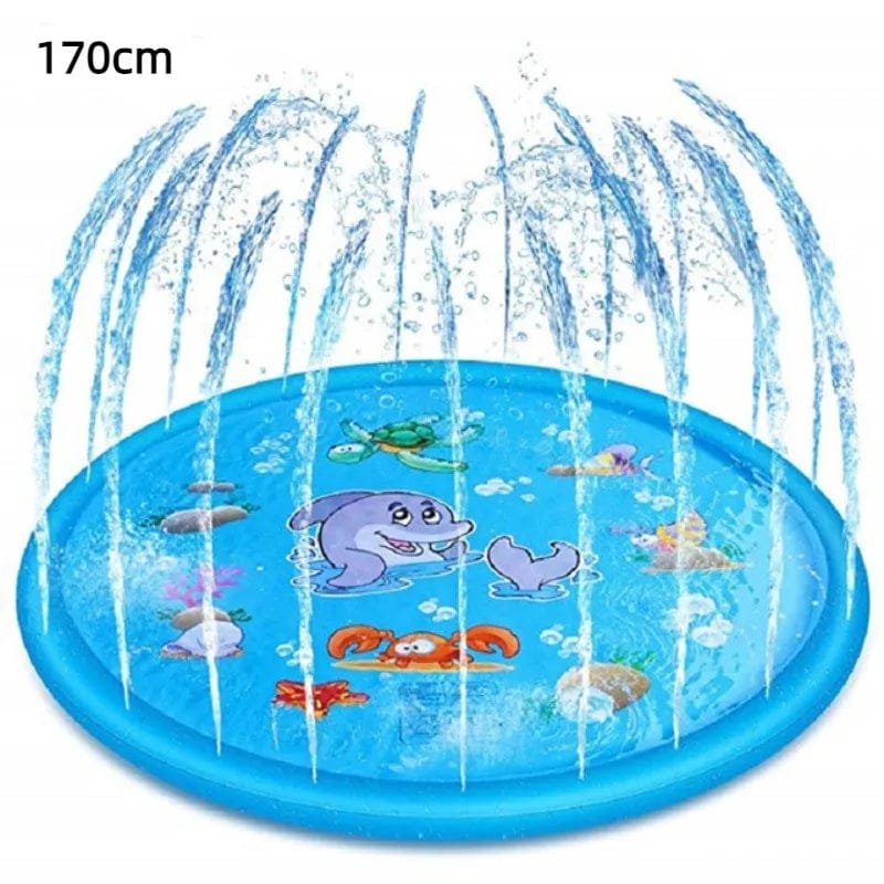 Children's inflatable splash pad with cartoon designs and water sprays, size 170cm.