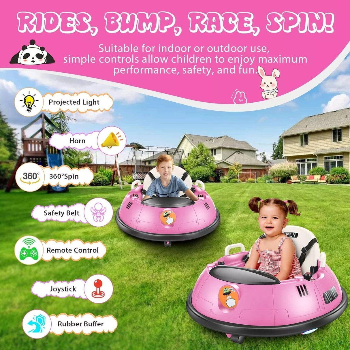 Two children playing with pink bumper cars in a backyard with features highlighted on a pink banner.