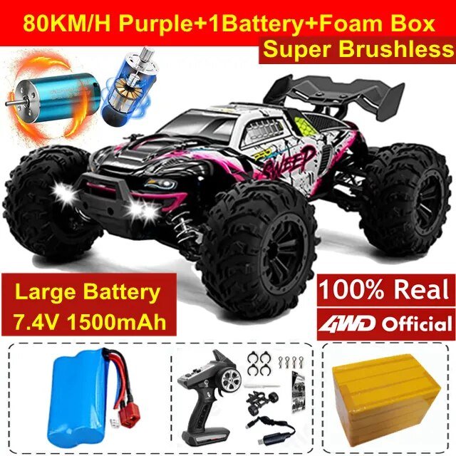 4WD RC Off-Road Drift Car - Super Brushless 50/80KM/h Toy - 80KM Purple 1Battery image