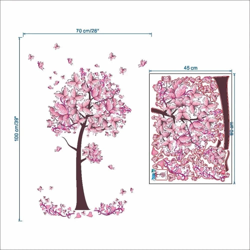 Wall decal of a pink flowering tree with measurements on a white background