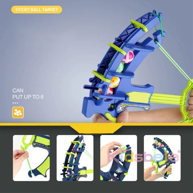 Toy archery set with colorful arrows on a gray background, featuring the brand 'dasbe'.