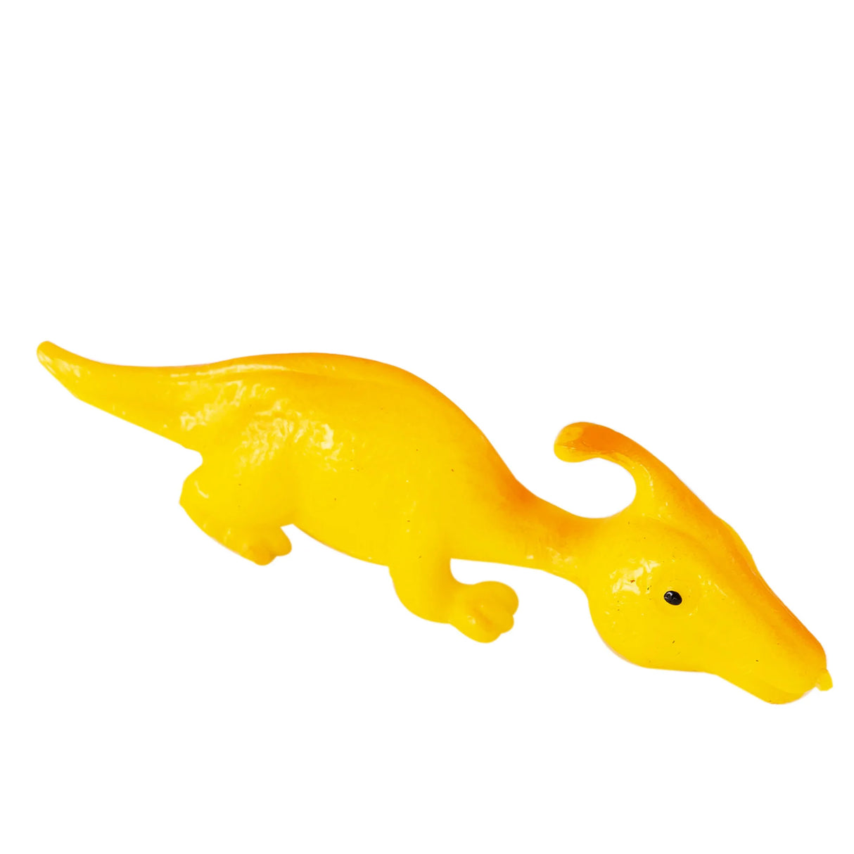 Yellow rubber duck shaped like a dinosaur.