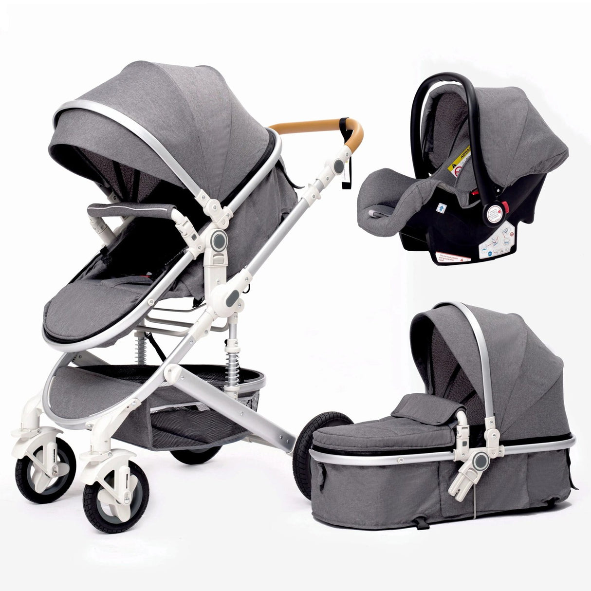 High Landscape 3-in-1 Baby Stroller with Pink Car Seat: Luxury Travel Pram - gray 3 in 1 image