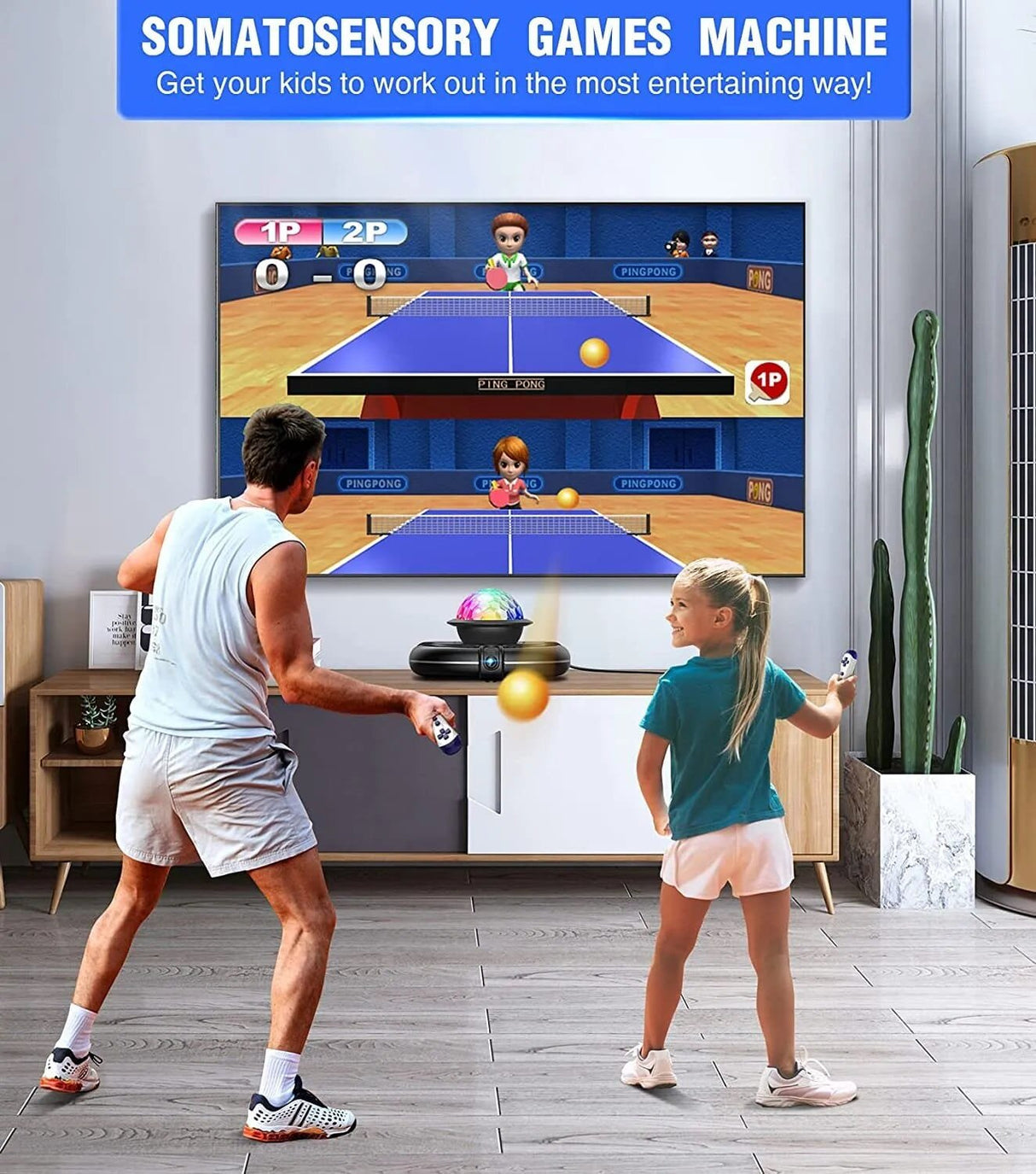 Two people playing a table tennis video game on a large screen in a living room.
