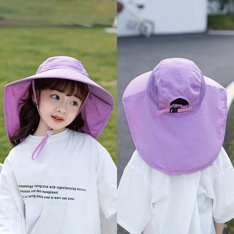 Child wearing a purple sun hat with a wide brim, shown from front and back views.