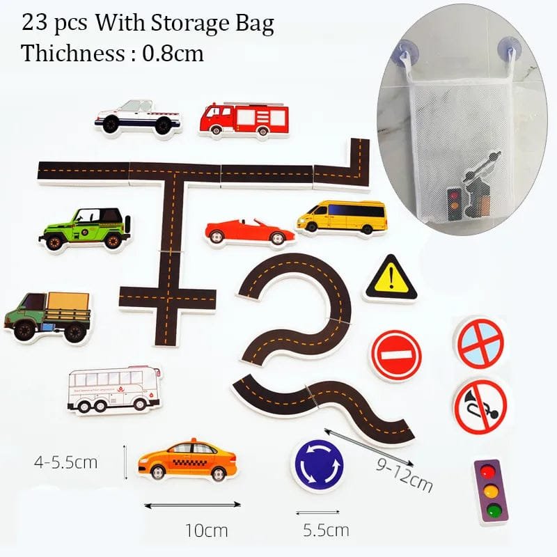 Toy road set with cars, traffic signs, and storage bag on a white background