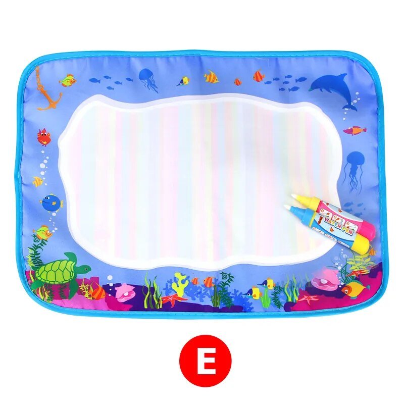 Children's water painting mat with underwater design and crayon on a white background