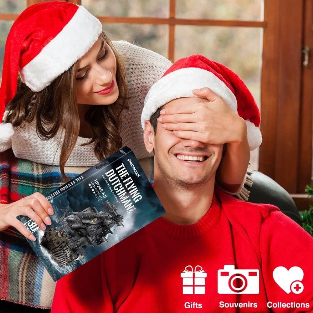 Person wearing a Santa hat covering another person's eyes with a bag of 'The Flying Dutchman' candy.