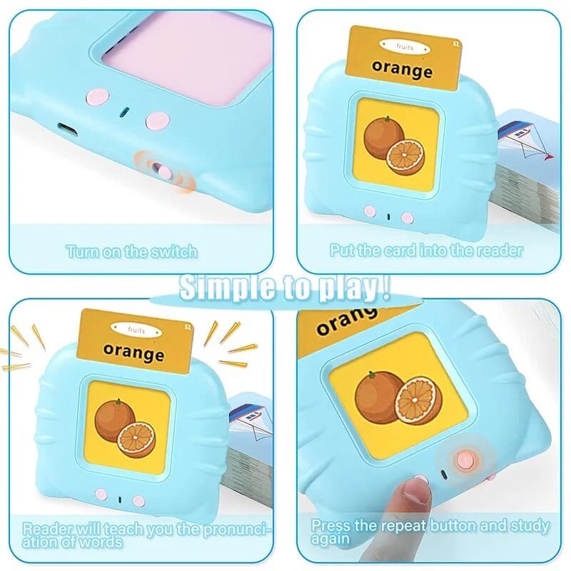 Educational device with cards and text instructions on a white background