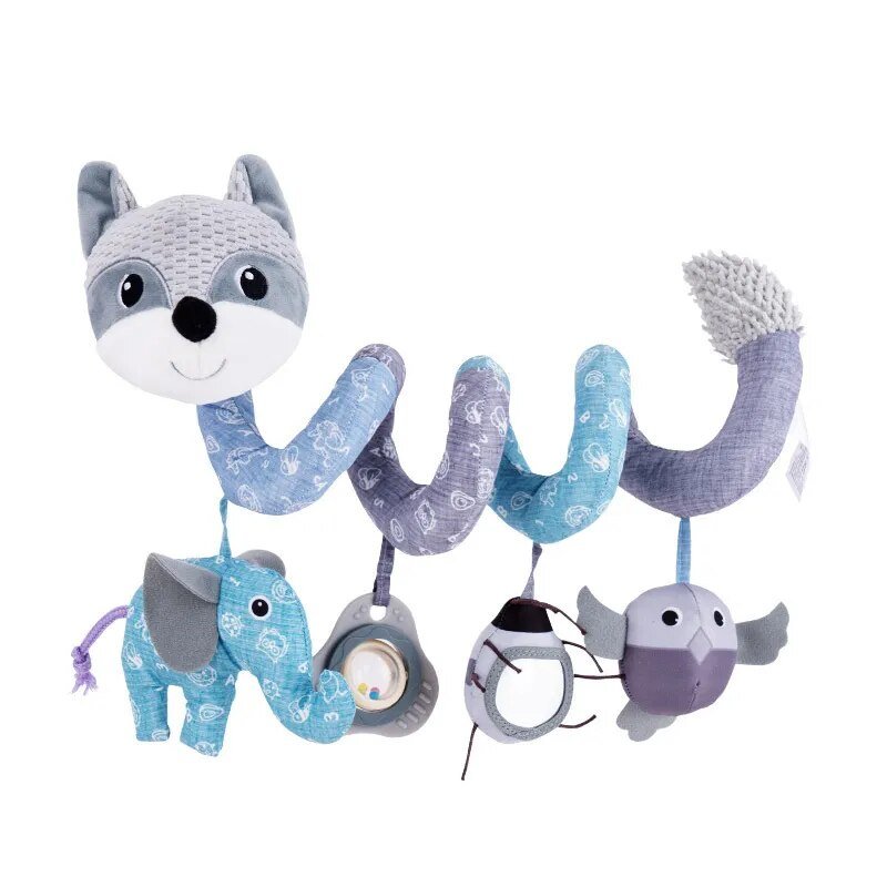 Children's mobile with wolf, elephant, and bird plush toys on a white background