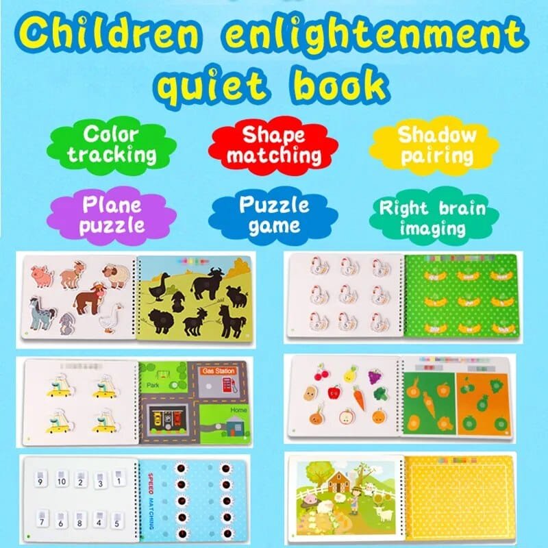 Children's enlightenment quiet book with various educational activities on a blue background
