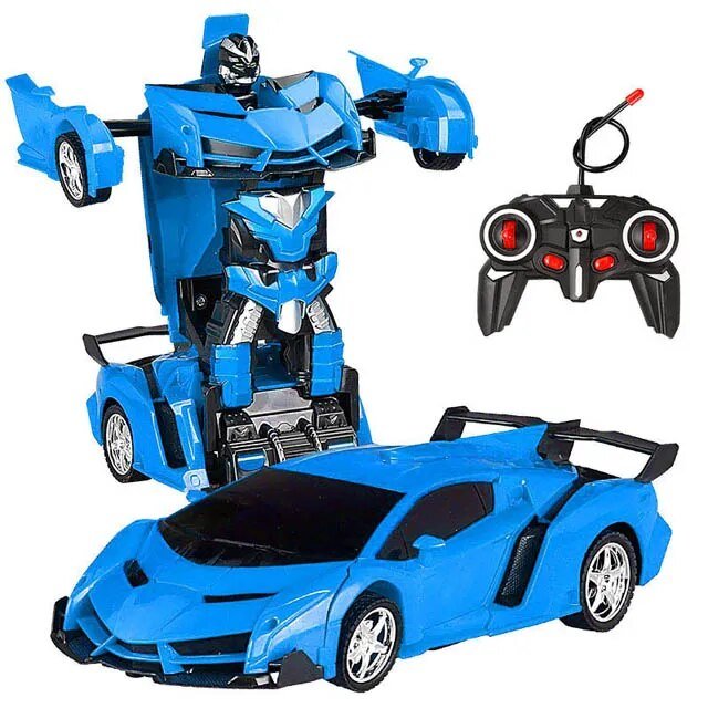 Blue toy robot transforming into a car with a remote control.