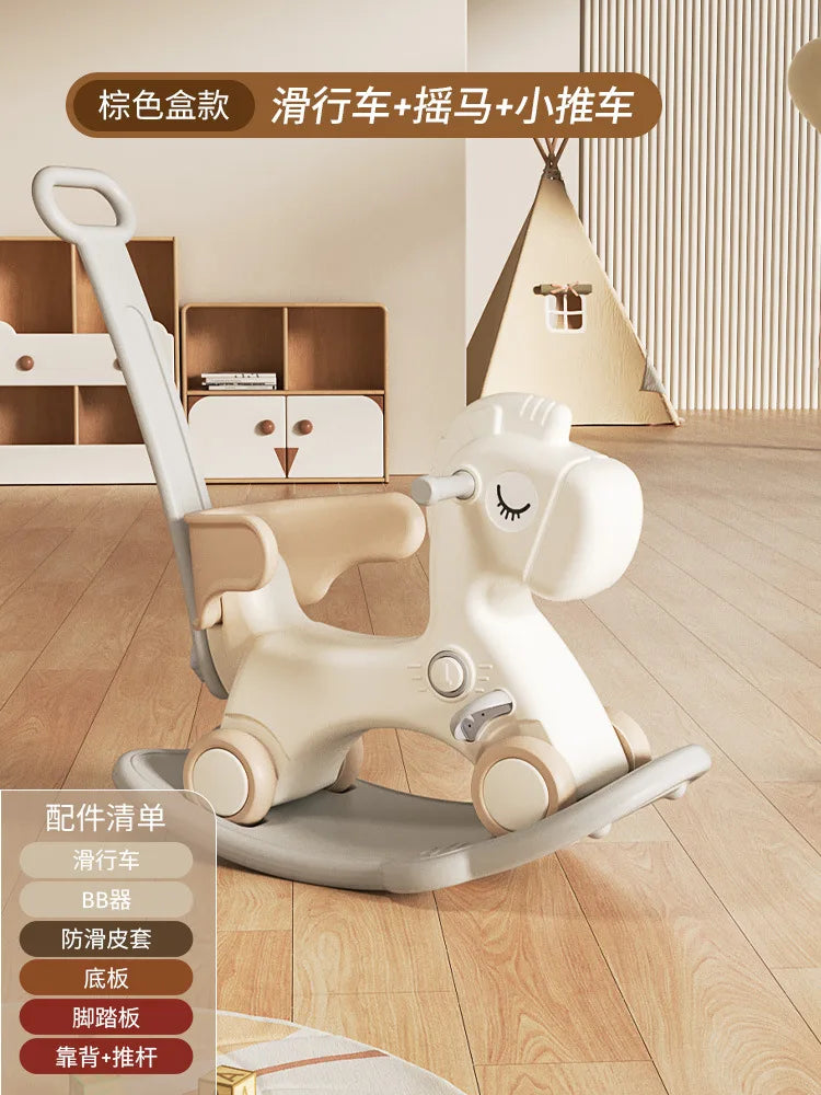 Children's rocking horse with accessories.