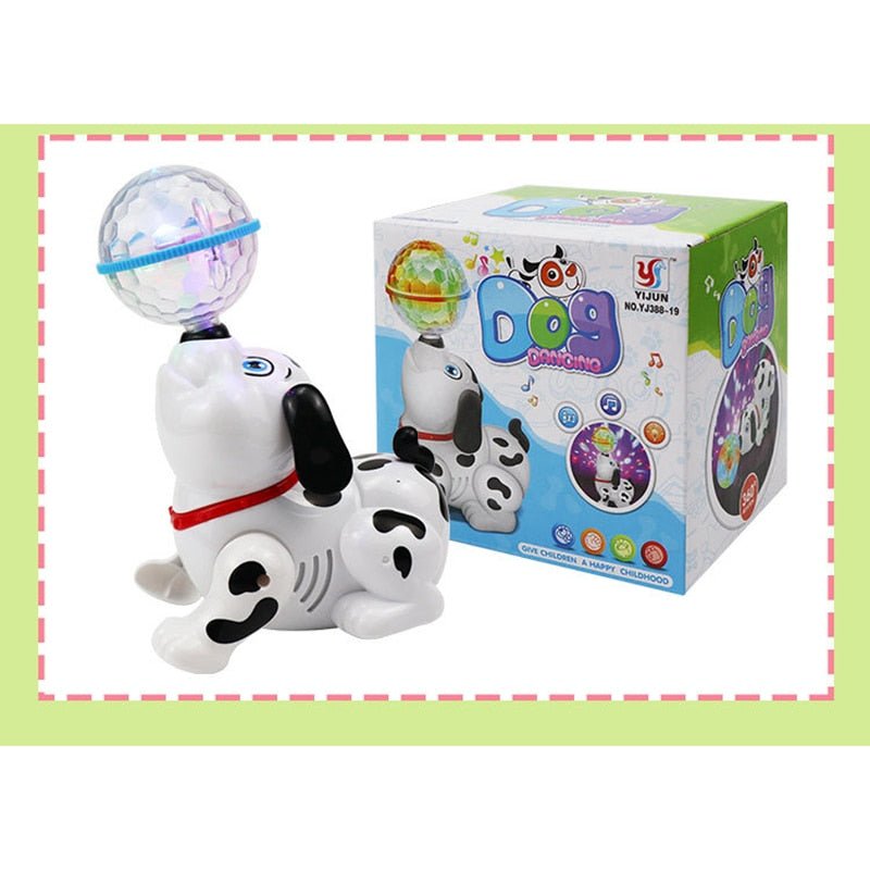 Toy dog with bubble-making feature and its packaging on a white background
