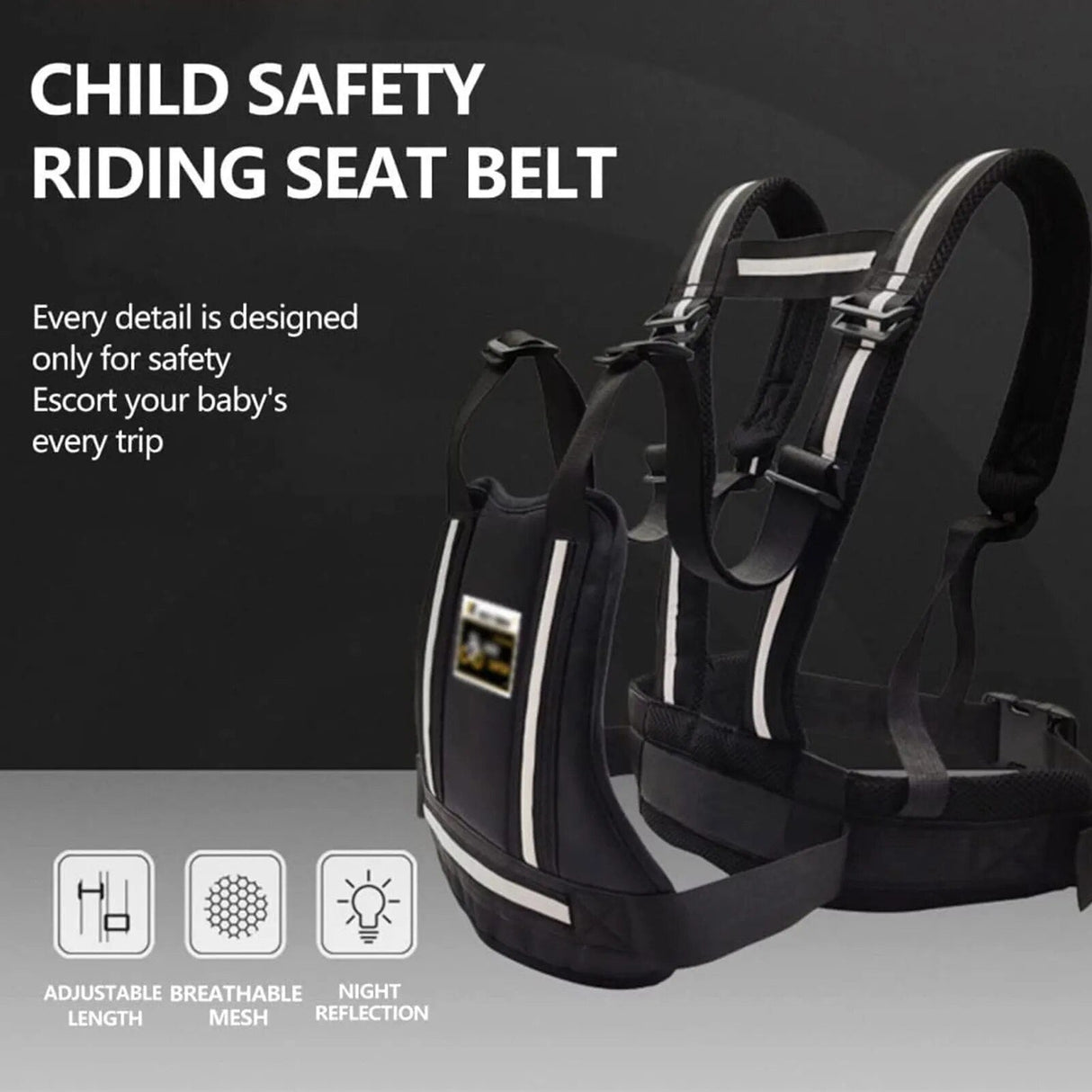 Child safety riding seat belt with features highlighted on a dark background