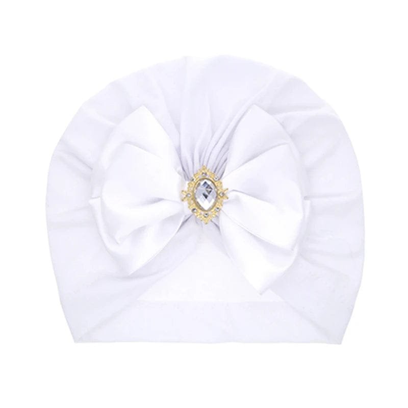 Shiny Rhinestone Bowknot Baby Turban - Soft Cotton Cap - White image