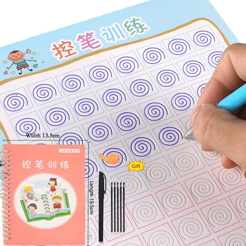 Writing practice sheet with spiral patterns, pen, and notebook on a blue background