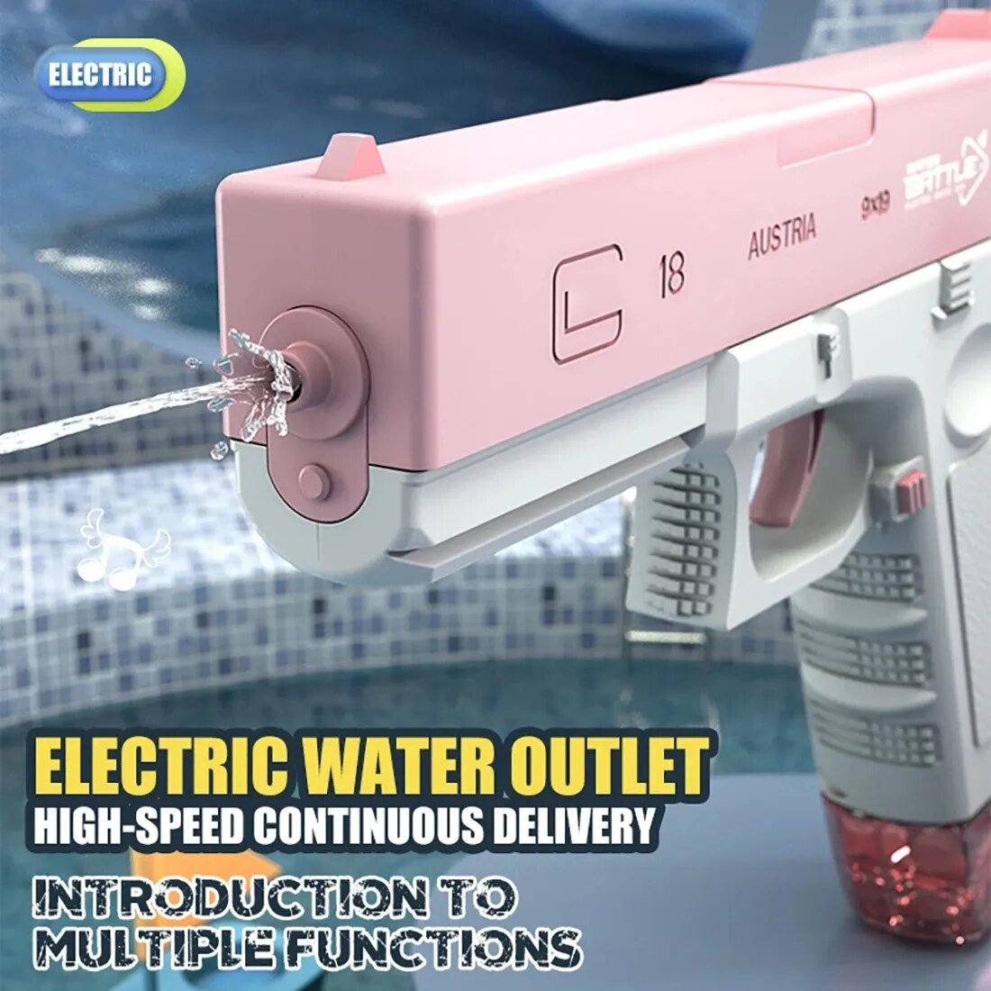 Pink and white electric water outlet device with water flowing, set against a poolside background.