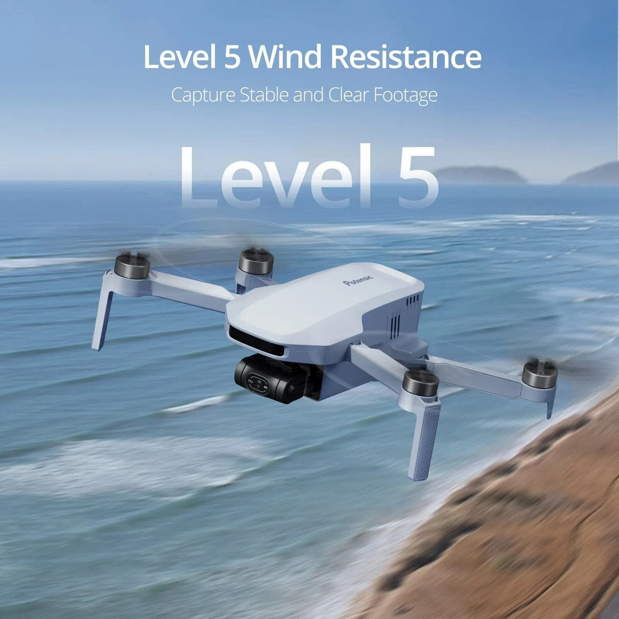 Drone flying over a beach with text about wind resistance and stable footage.