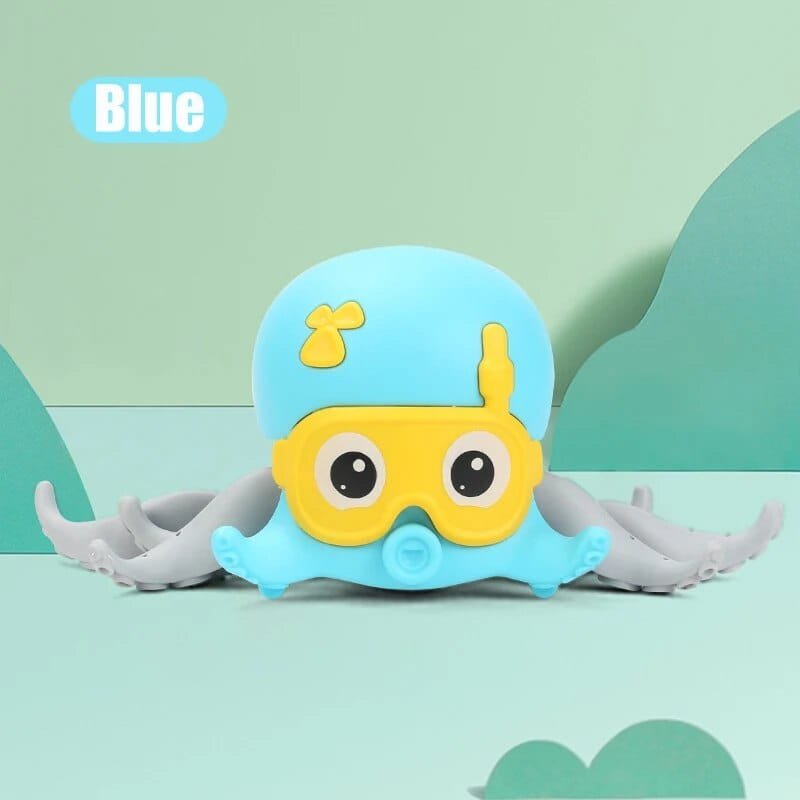 Blue and yellow octopus toy with goggles on a green background