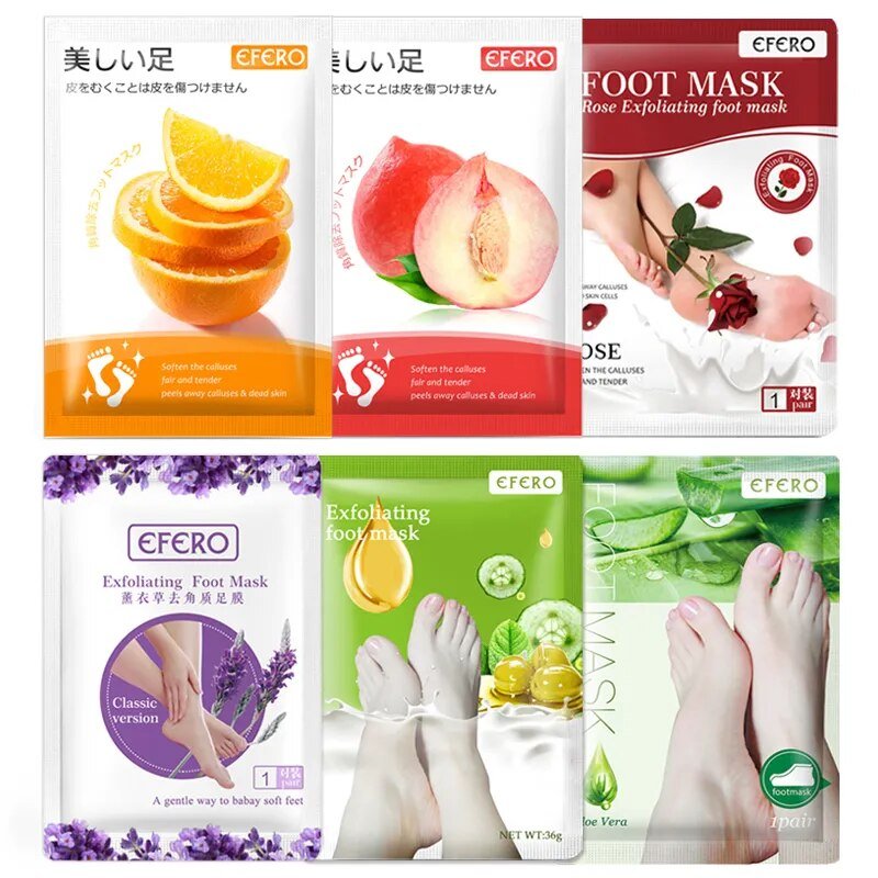 Collection of EFERO foot mask packages with various scents and designs.