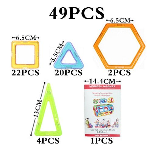 Set of colorful magnetic shapes with measurements and a packaging box on a white background