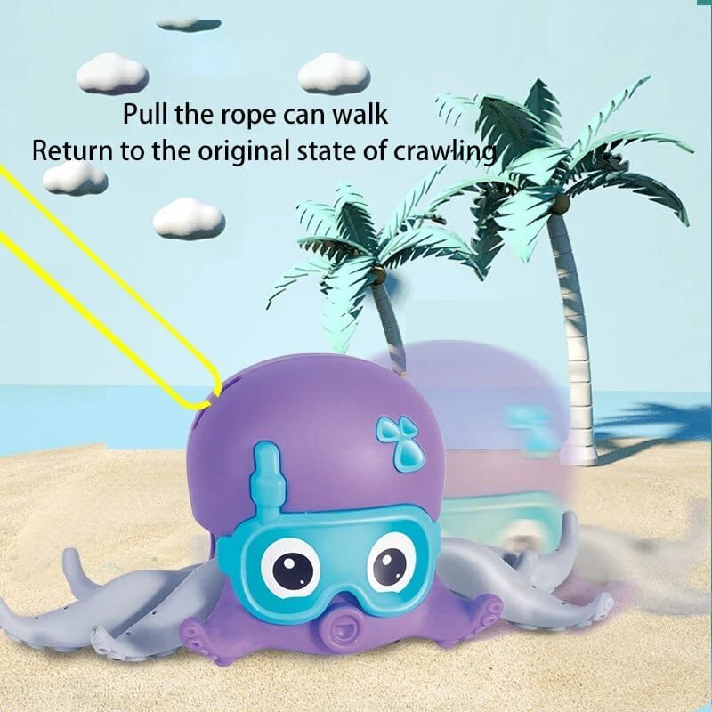 Toy octopus with goggles on a beach background
