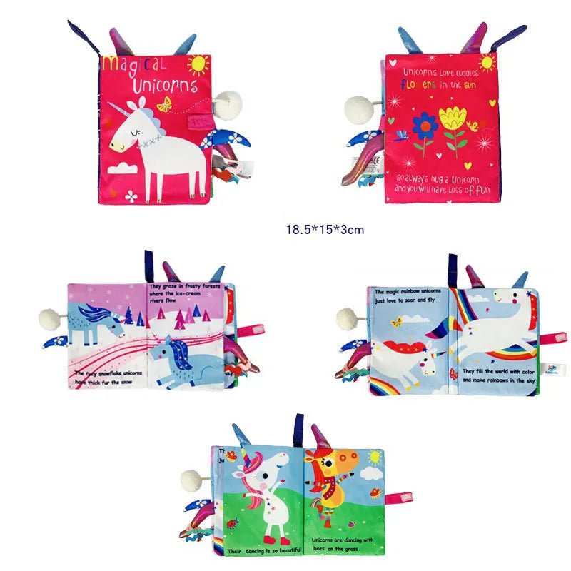 Colorful soft book with unicorn illustrations on a white background