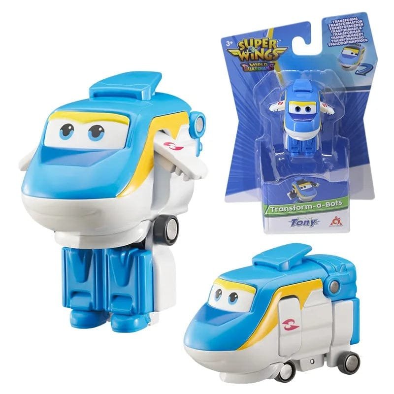 Transforming toy figure with packaging, featuring a blue and white design.