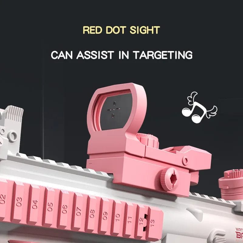 Pink red dot sight on a rifle with text 'Red Dot Sight Can Assist in Targeting' on a black background.
