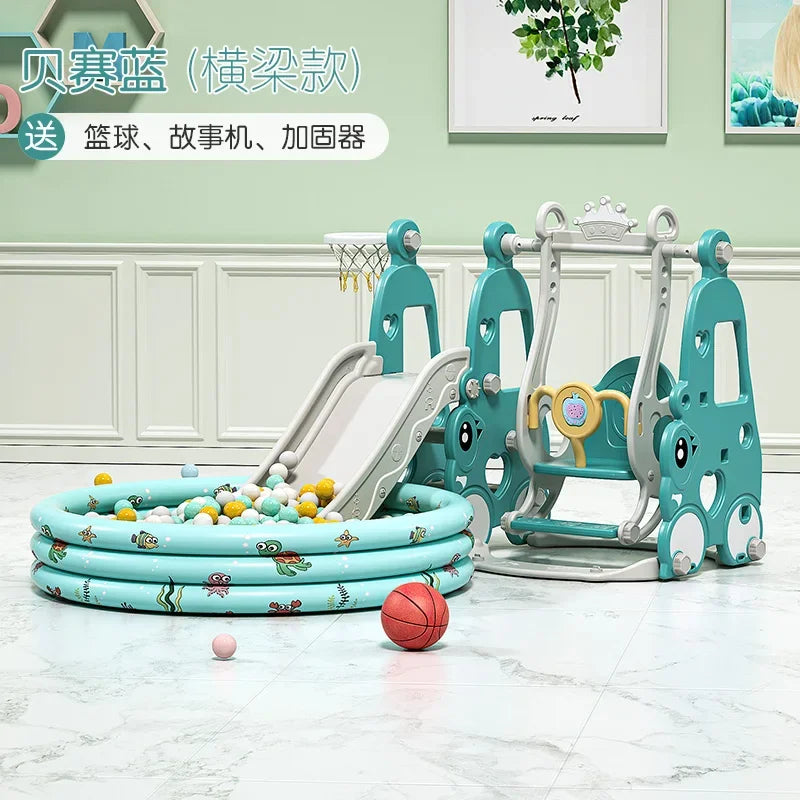 Children's play set with slide, swing, and ball pit.