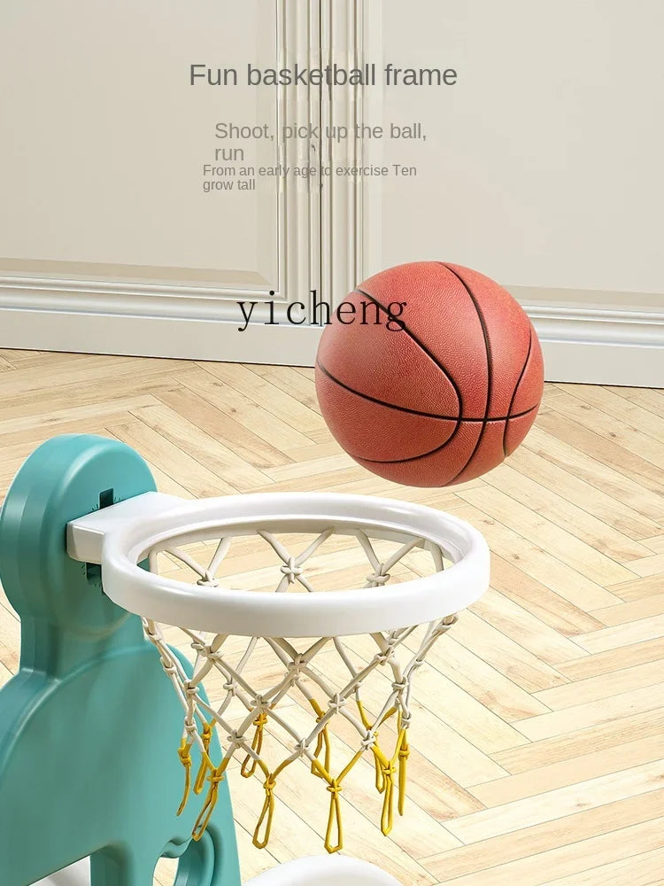 Children's basketball hoop with a ball on a wooden floor, featuring the brand 'yicheng'.