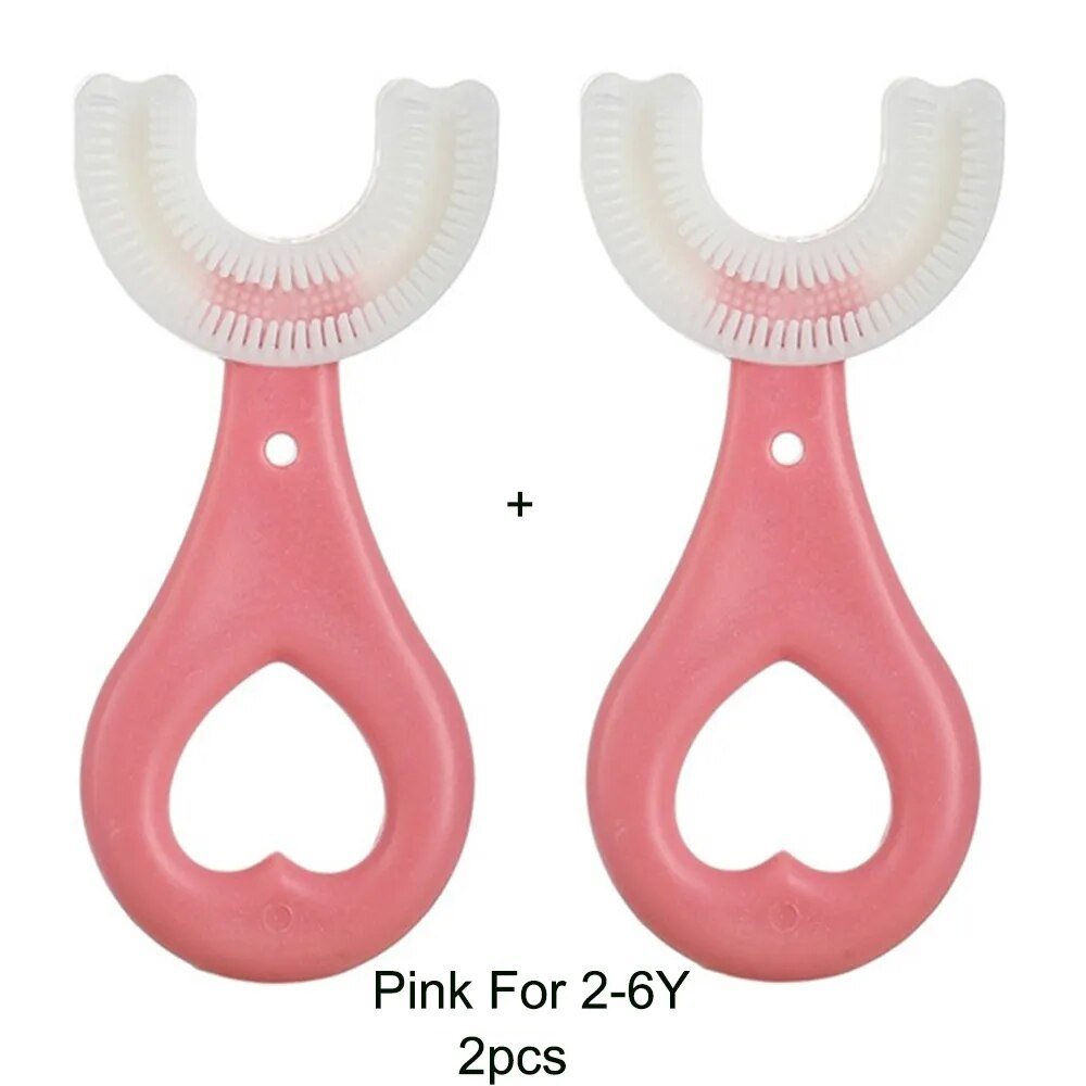 360-Degree U-Shaped Children's Toothbrush - Silicone Teeth Cleaner - Pink S 2pcs image
