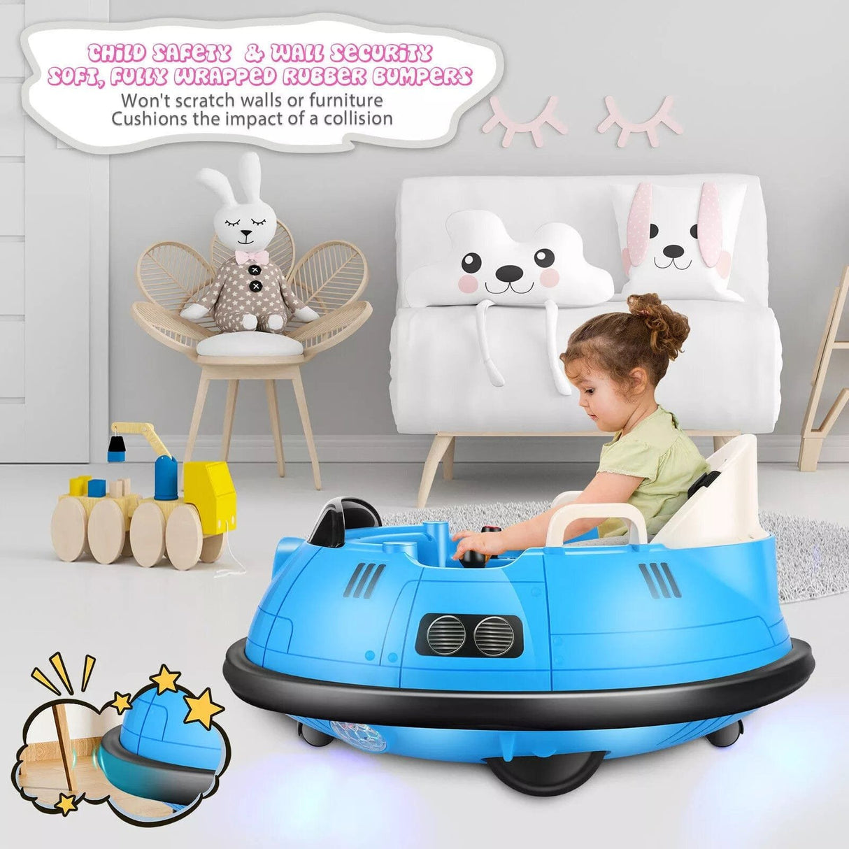 Child playing with a blue bumper car in a room with white chairs and toys.