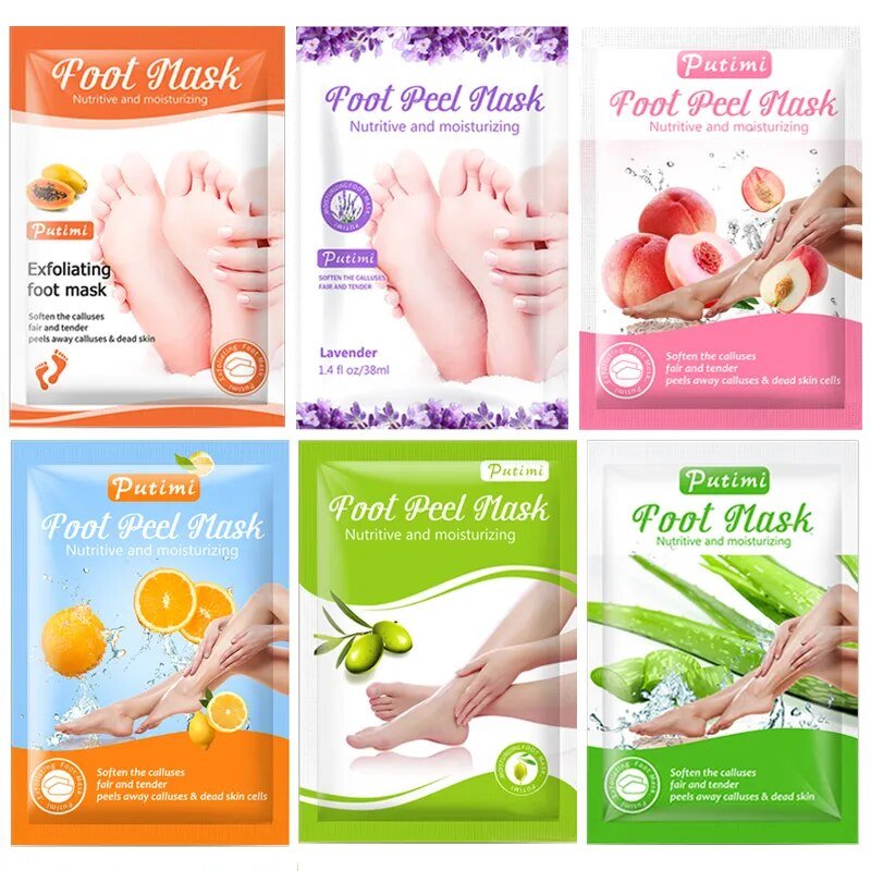 Collection of Putimi foot mask packages with various scents and designs.