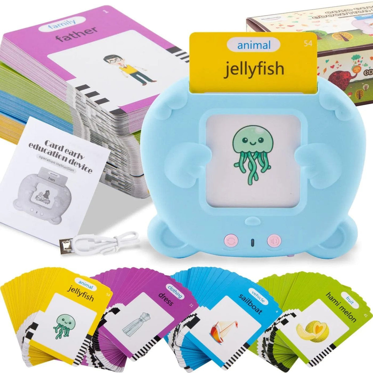 Educational card game set with cards and a blue device displaying a jellyfish illustration.