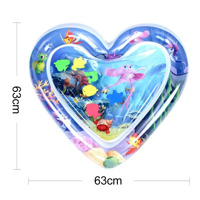 Heart-shaped inflatable pool with colorful fish and sea creatures, dimensions indicated.