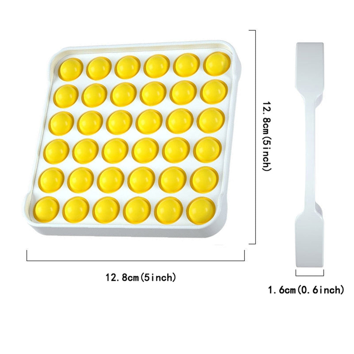Yellow round mold with dimensions and a spatula on a white background