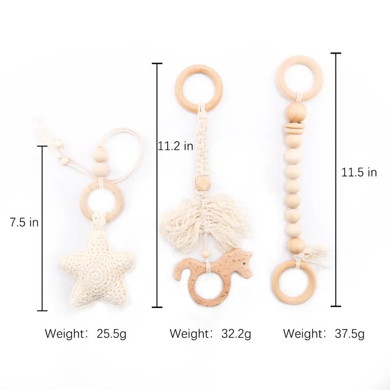 Baby teething toy with measurements and weights on a white background