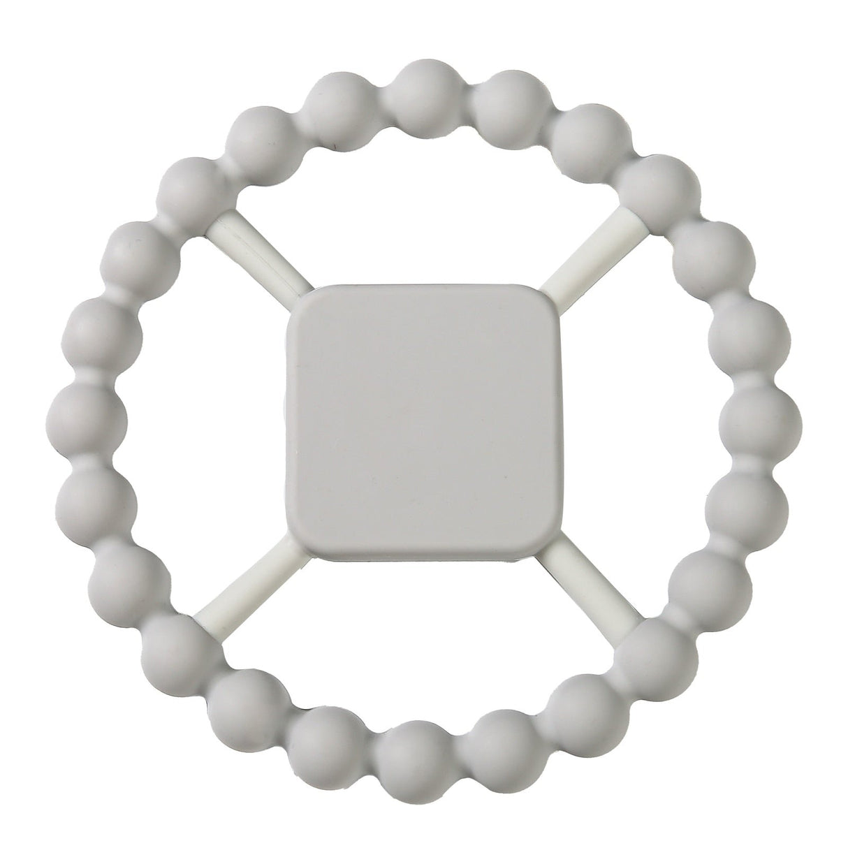 White silicone teething ring with a square handle on a white background