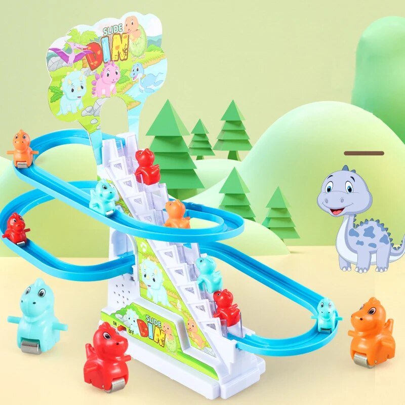 Toy dinosaur track set with colorful track and small dinosaur figures on a green background