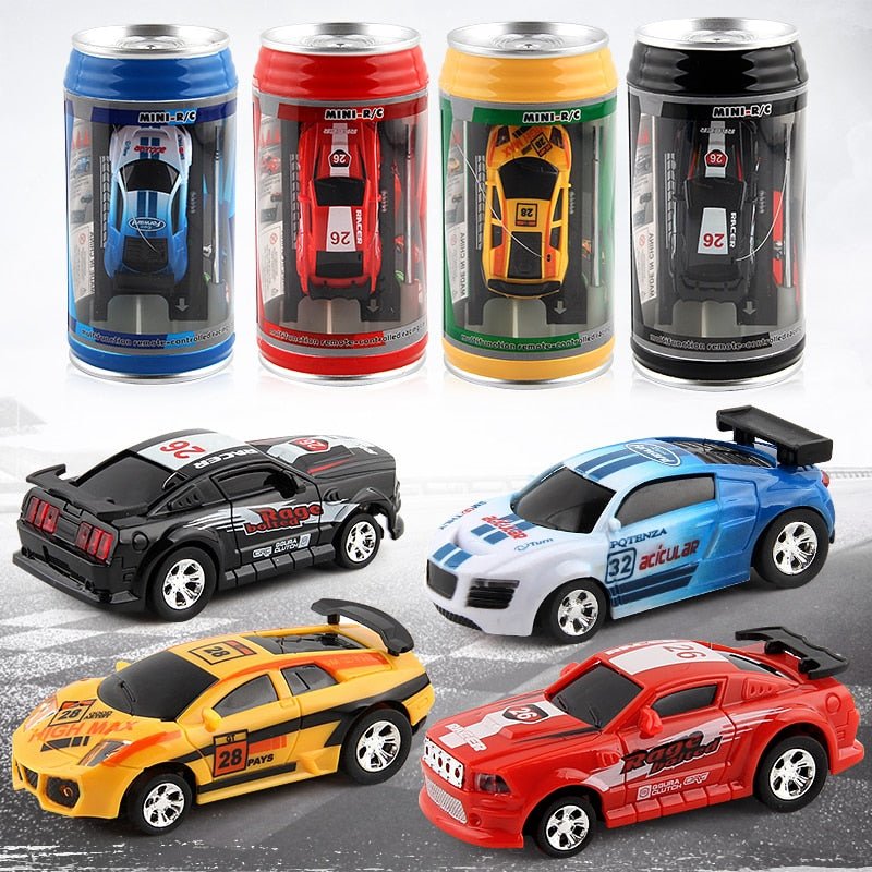 Collection of toy cars in can-shaped packaging.