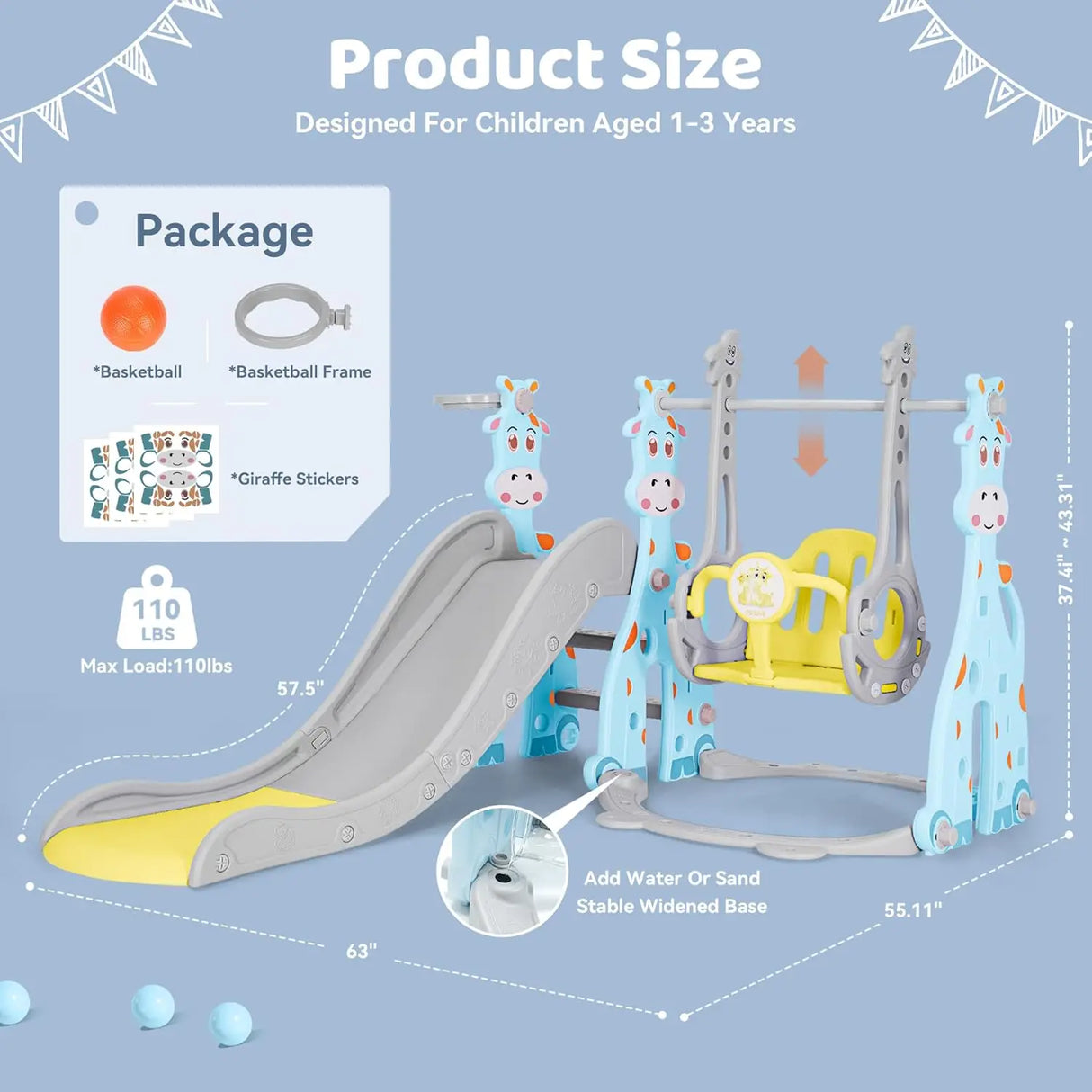 Children's playground set with slide and swing, featuring product size and package details.